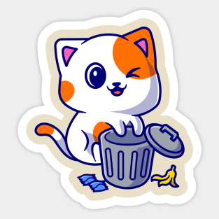 Cute Cat Playing On Rubbish Bin Cartoon Sticker